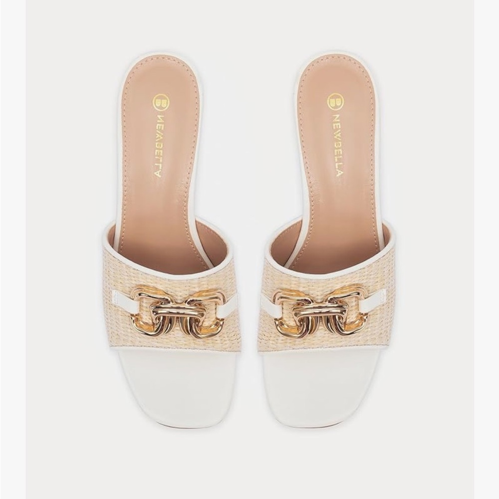 NIB NEWBELLA Raffia Slide Sandals Chain Block Heel Cream/Tan Women’s Size 7.5